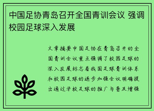 中国足协青岛召开全国青训会议 强调校园足球深入发展