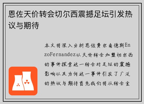 恩佐天价转会切尔西震撼足坛引发热议与期待